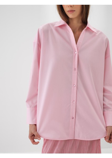 Kadın Pembe Pamuk Dokulu Oversize Gömlek indirimleri