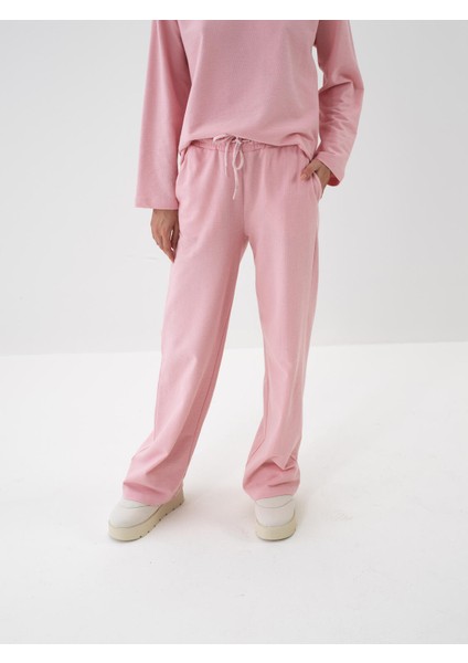 Kadın Pembe Pamuk Dokulu Oversize Sweat Pantolon
