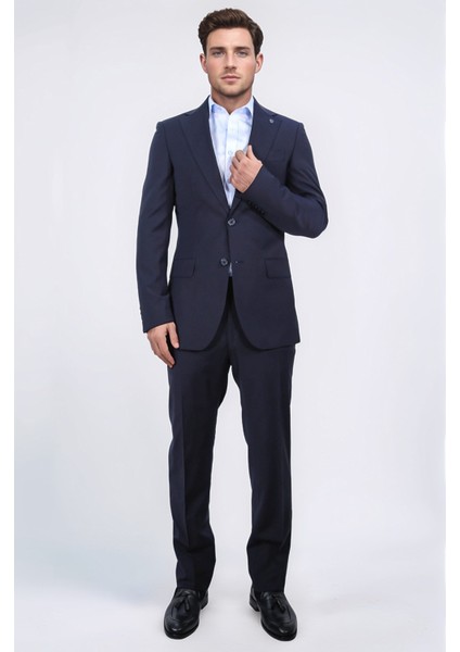 Slim Fit Mono Yaka Koyu Lacivert Takım Elbise
