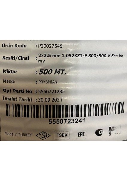 Prysmıan 20027545 2x2,5 mm 2 052XZ1-F 300/500 V Eca 500MT