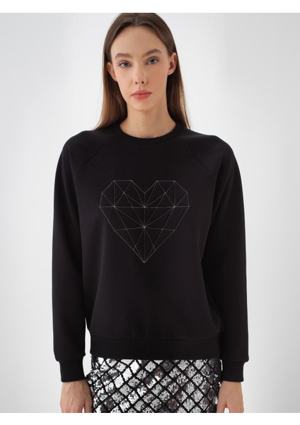 Kadın Siyah Pamuk Dokulu Regular Fit Sweatshirt