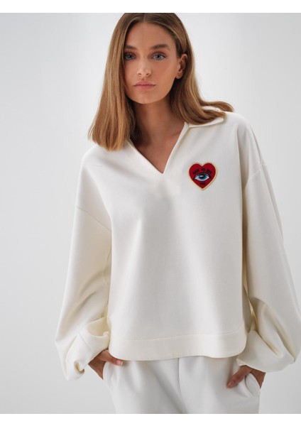 Kadın Ekru Pamuk Dokulu Oversize Sweatshirt indirimleri
