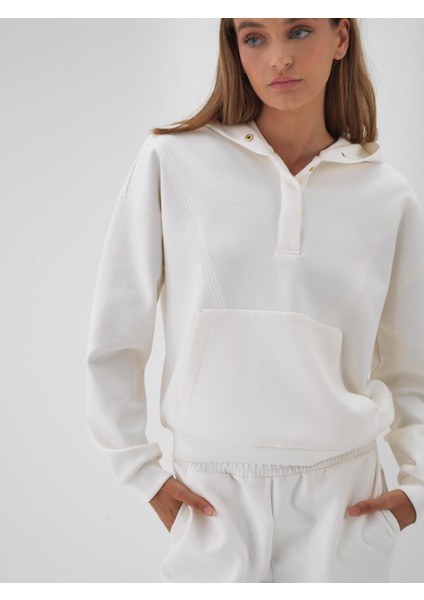 Kadın Ekru Pamuk Dokulu Oversize Sweatshirt indirimleri