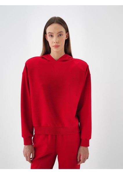 Kadın Kırmızı Pamuk Dokulu Oversize Sweatshirt