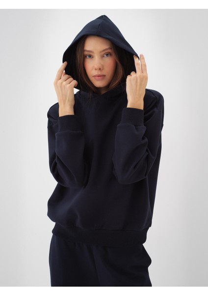 Kadın Lacivert Pamuk Dokulu Oversize Sweatshirt