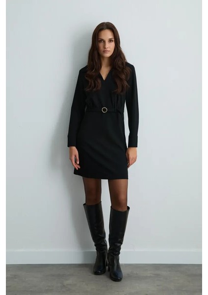 Beli Kemerli Krep Jarse Elbise - Siyah