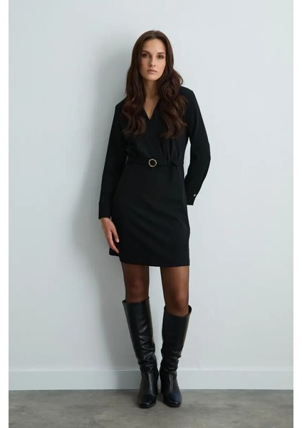 Beli Kemerli Krep Jarse Elbise - Siyah fiyatları