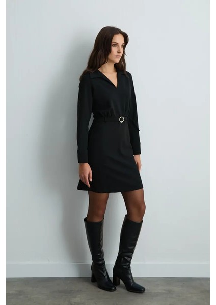 Beli Kemerli Krep Jarse Elbise - Siyah modelleri
