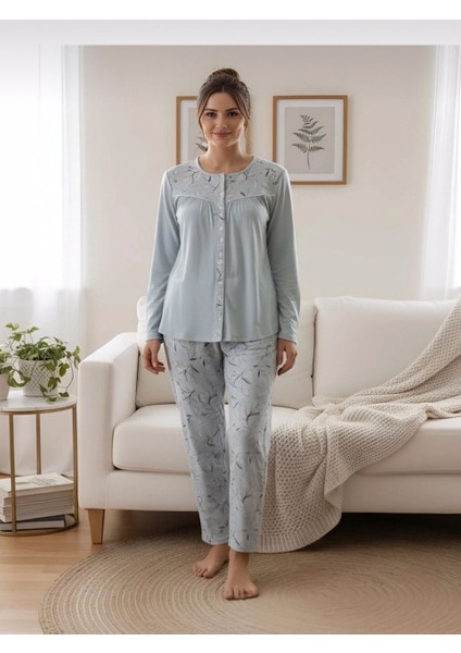 Uzun Kol Robalı Önden Açık % 100 Pamuk Viskon 4 Mevsim Pijama Takımı -14949