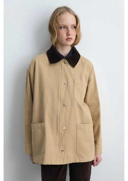 Kadife Yakalı Rahat Kesim Kanvas Ceket - Bej