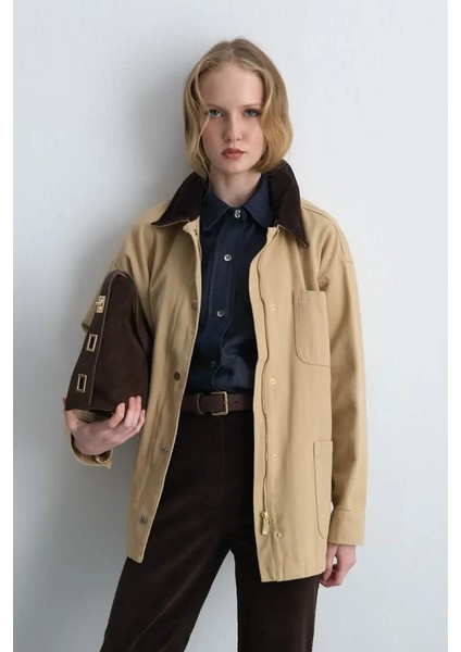 Kadife Yakalı Rahat Kesim Kanvas Ceket - Bej fiyatları