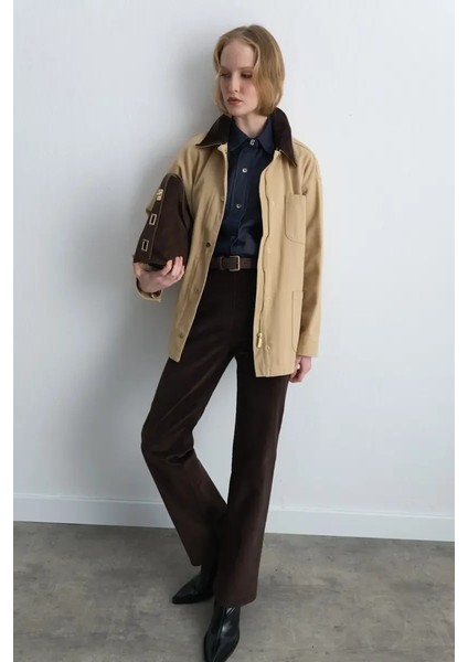 Kadife Yakalı Rahat Kesim Kanvas Ceket - Bej modelleri