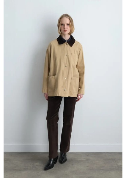 Kadife Yakalı Rahat Kesim Kanvas Ceket - Bej fırsatları