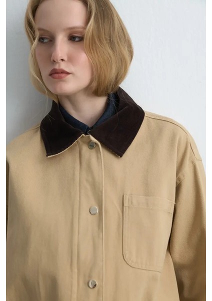Kadife Yakalı Rahat Kesim Kanvas Ceket - Bej indirimleri