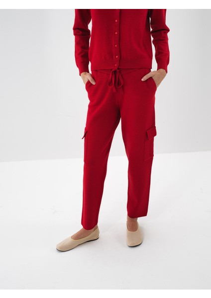 Kadın Kırmızı Doğal Yün Dokulu Regular Fit Pantolon