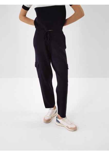 Kadın Lacivert Doğal Yün Dokulu Regular Fit Pantolon