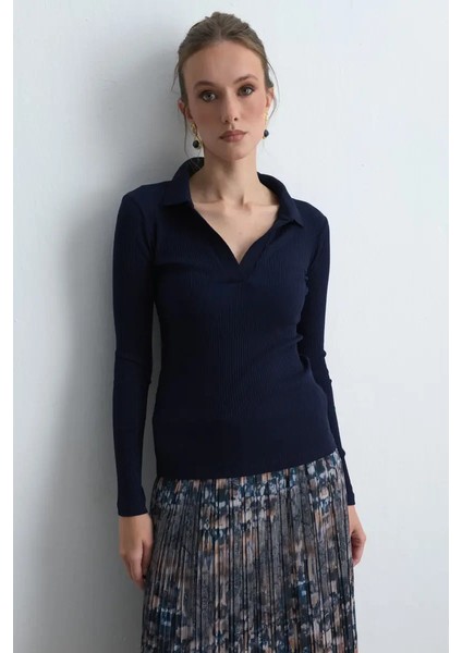 Polo Yakalı Pamuk Örme Bluz - Lacivert