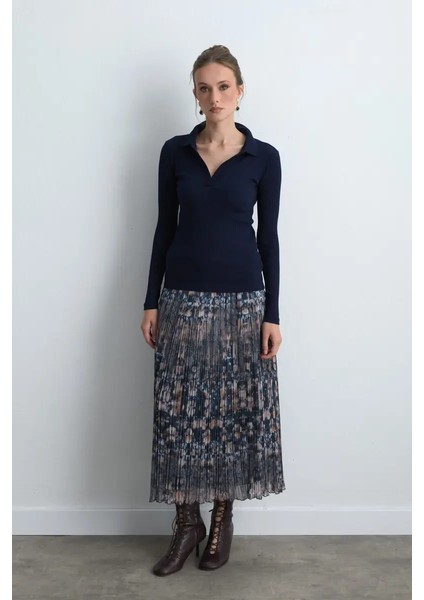 Polo Yakalı Pamuk Örme Bluz - Lacivert modelleri