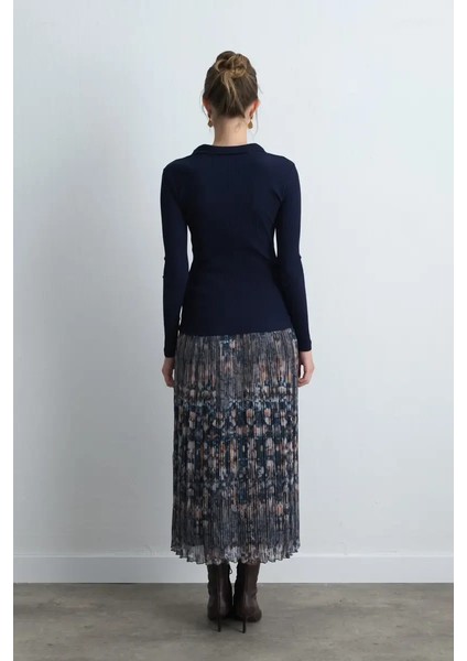 Polo Yakalı Pamuk Örme Bluz - Lacivert indirimleri