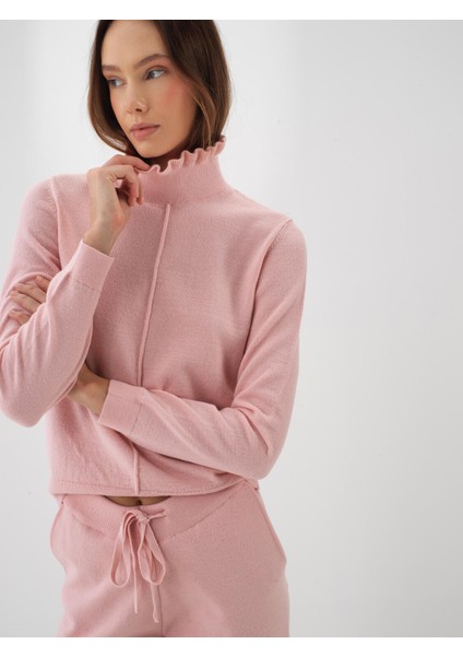 Kadın Pembe Doğal Yün Dokulu Slim Fit Kazak