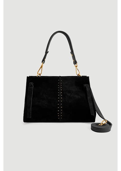 Zımbalı Süet Çanta - Siyah