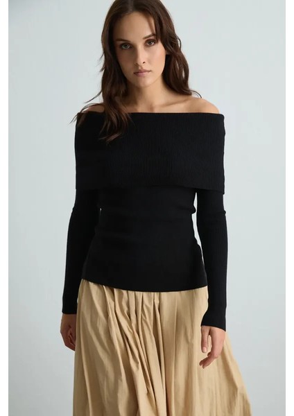 Madonna Yaka Triko Bluz - Siyah