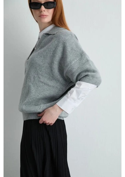 Polo Yaka Yün Triko - Gri modelleri
