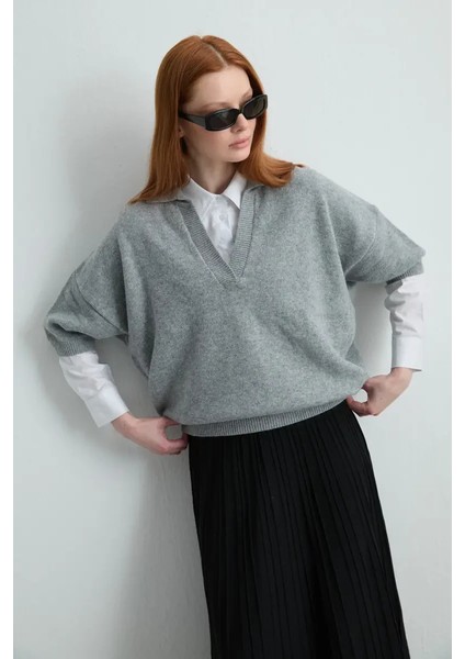 Polo Yaka Yün Triko - Gri fırsatları