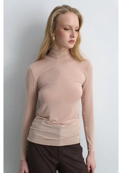 Balıkçı Yaka Kaşmir Bluz - Pudra