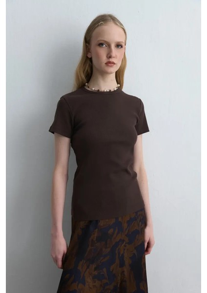 Kısa Kollu Basic Pamuk Tshirt - Kahverengi