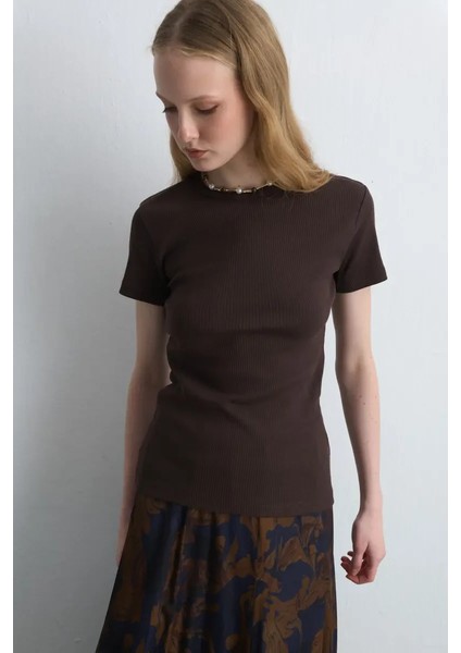 Kısa Kollu Basic Pamuk Tshirt - Kahverengi modelleri