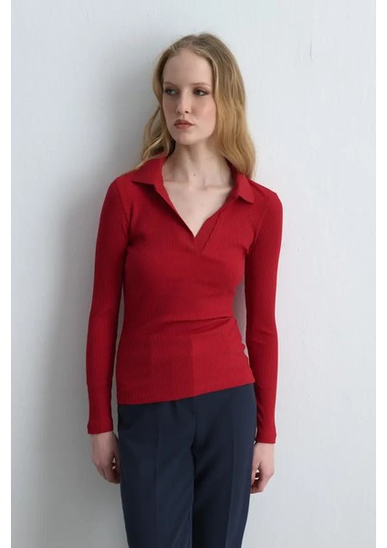 Polo Yakalı Pamuk Örme Bluz - Kırmızı