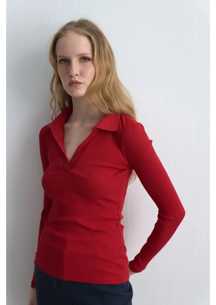 Polo Yakalı Pamuk Örme Bluz - Kırmızı modelleri