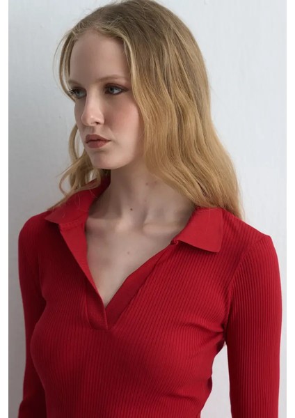 Polo Yakalı Pamuk Örme Bluz - Kırmızı fırsatları