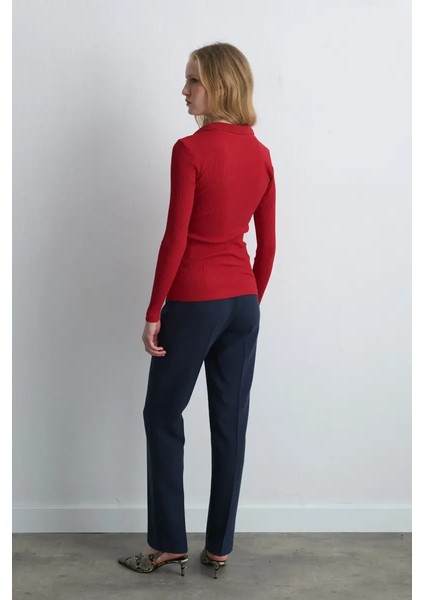 Polo Yakalı Pamuk Örme Bluz - Kırmızı indirimleri