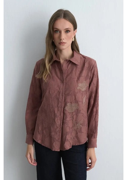 Jakar Desenli Nakışlı Gömlek - Gül Kurusu