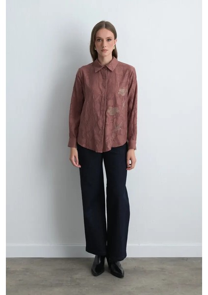 Jakar Desenli Nakışlı Gömlek - Gül Kurusu modelleri