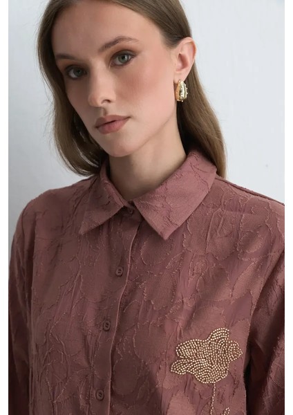 Jakar Desenli Nakışlı Gömlek - Gül Kurusu fırsatları