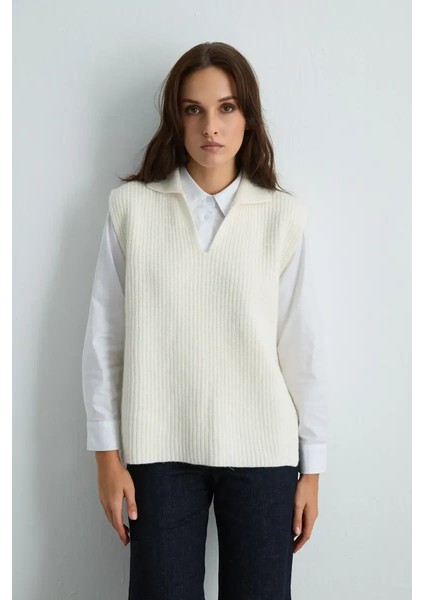 Yünlü Triko Süveter - Ekru