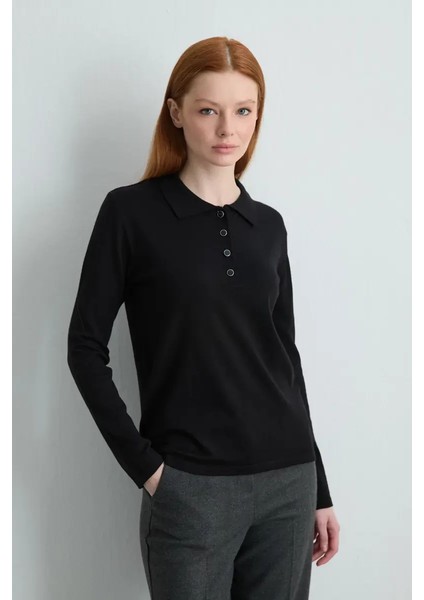 Polo Yaka Düğmeli Triko Bluz - Siyah