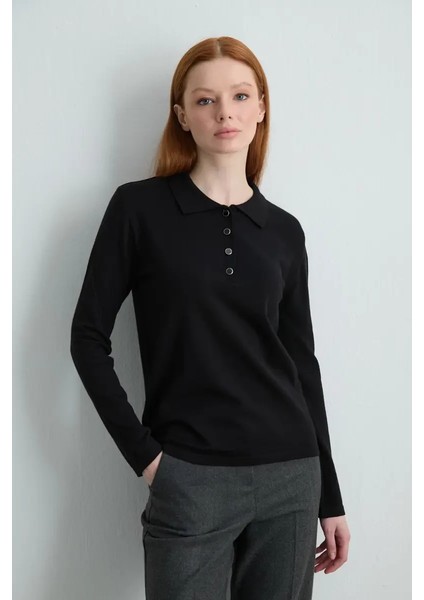 Polo Yaka Düğmeli Triko Bluz - Siyah fiyatları