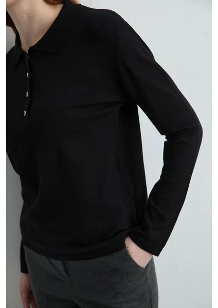 Polo Yaka Düğmeli Triko Bluz - Siyah modelleri