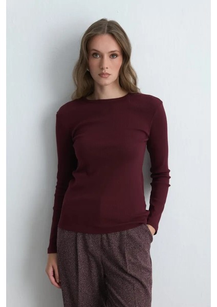 Uzun Kollu Basic Pamuk Tshirt - Bordo