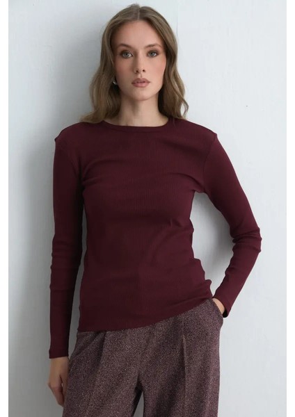 Uzun Kollu Basic Pamuk Tshirt - Bordo fiyatları