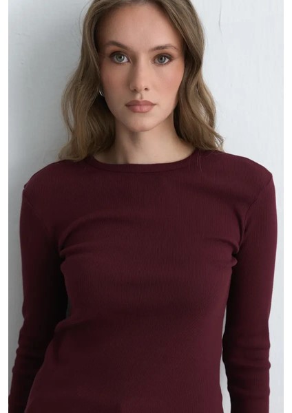 Uzun Kollu Basic Pamuk Tshirt - Bordo modelleri