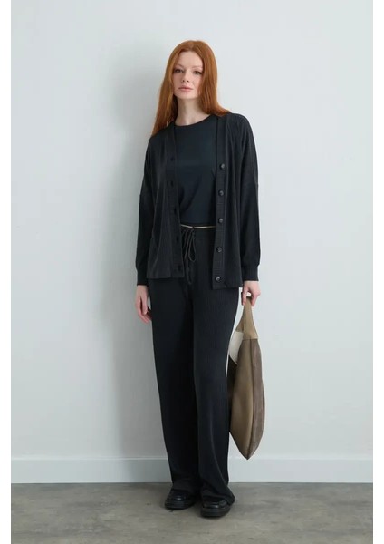 Fitilli Modal Örme Bol Paça Pantolon - Gri