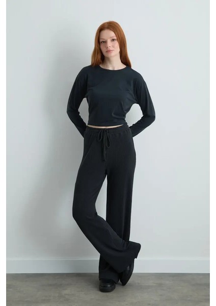 Fitilli Modal Örme Bol Paça Pantolon - Gri modelleri