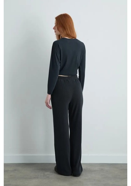 Fitilli Modal Örme Bol Paça Pantolon - Gri indirimleri