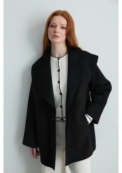 Şal Yaka Astarsız Yün Kaban - Siyah