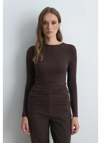 Bisiklet Yaka Kaşmir Bluz - Kahverengi